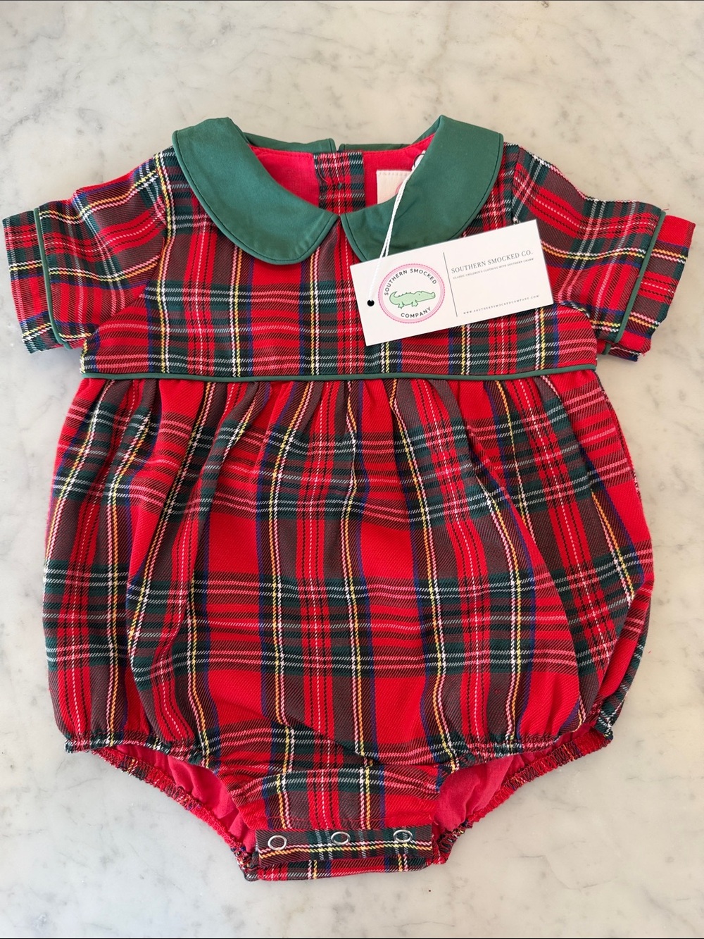 Southern Smocked Company Tartan Baby Bubble with Green Collar